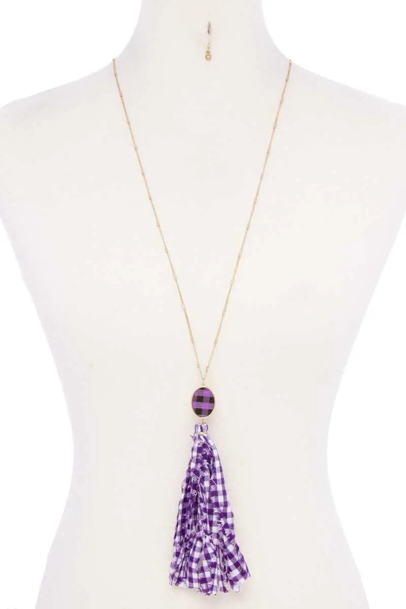 Checkered Pattern Fabric Tassel Necklace Blue Zone Planet