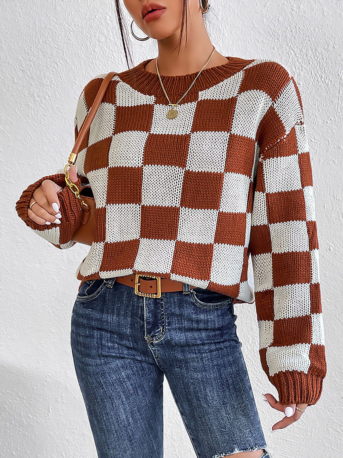 Checkered Round Neck Sweater-TOPS / DRESSES-[Adult]-[Female]-Chestnut-S-2022 Online Blue Zone Planet