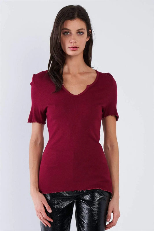 Cherry Red Ribbed V-neck Top Blue Zone Planet