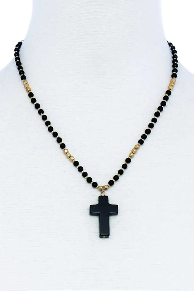 Chic Beaded And Cross Pendant Necklace Blue Zone Planet