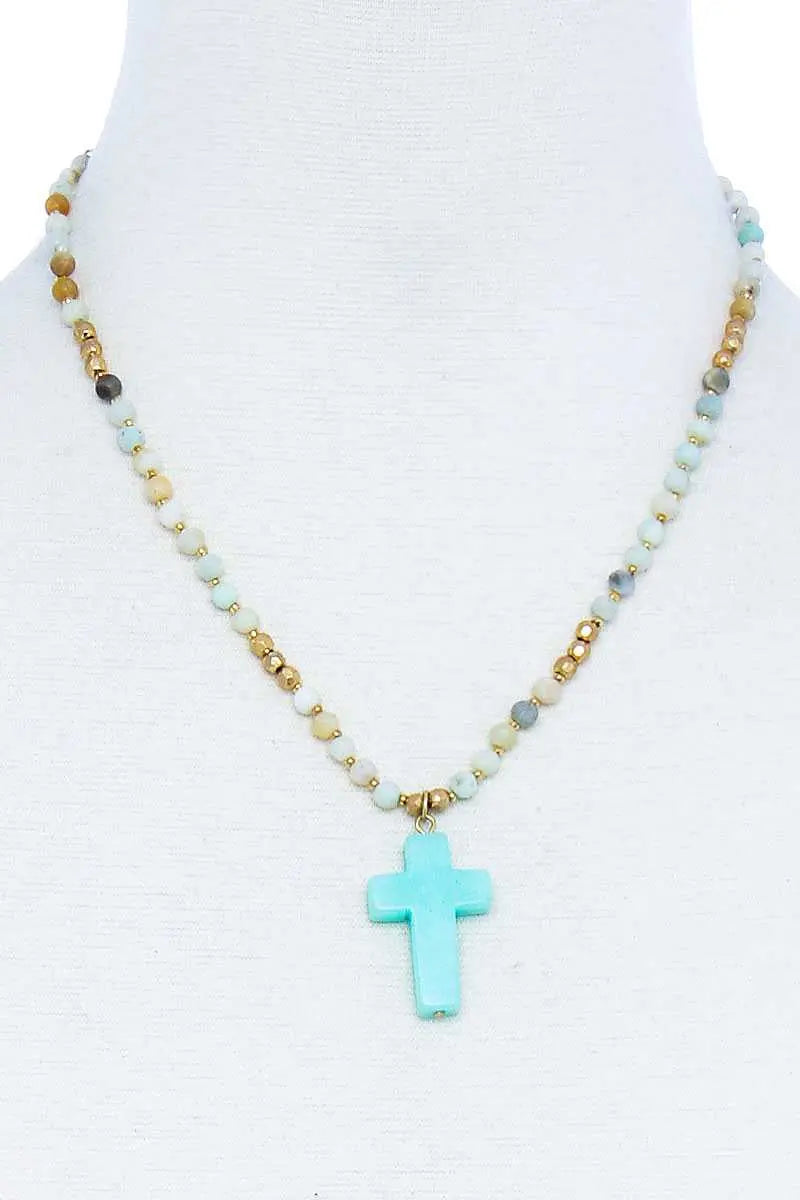 Chic Beaded And Cross Pendant Necklace Blue Zone Planet