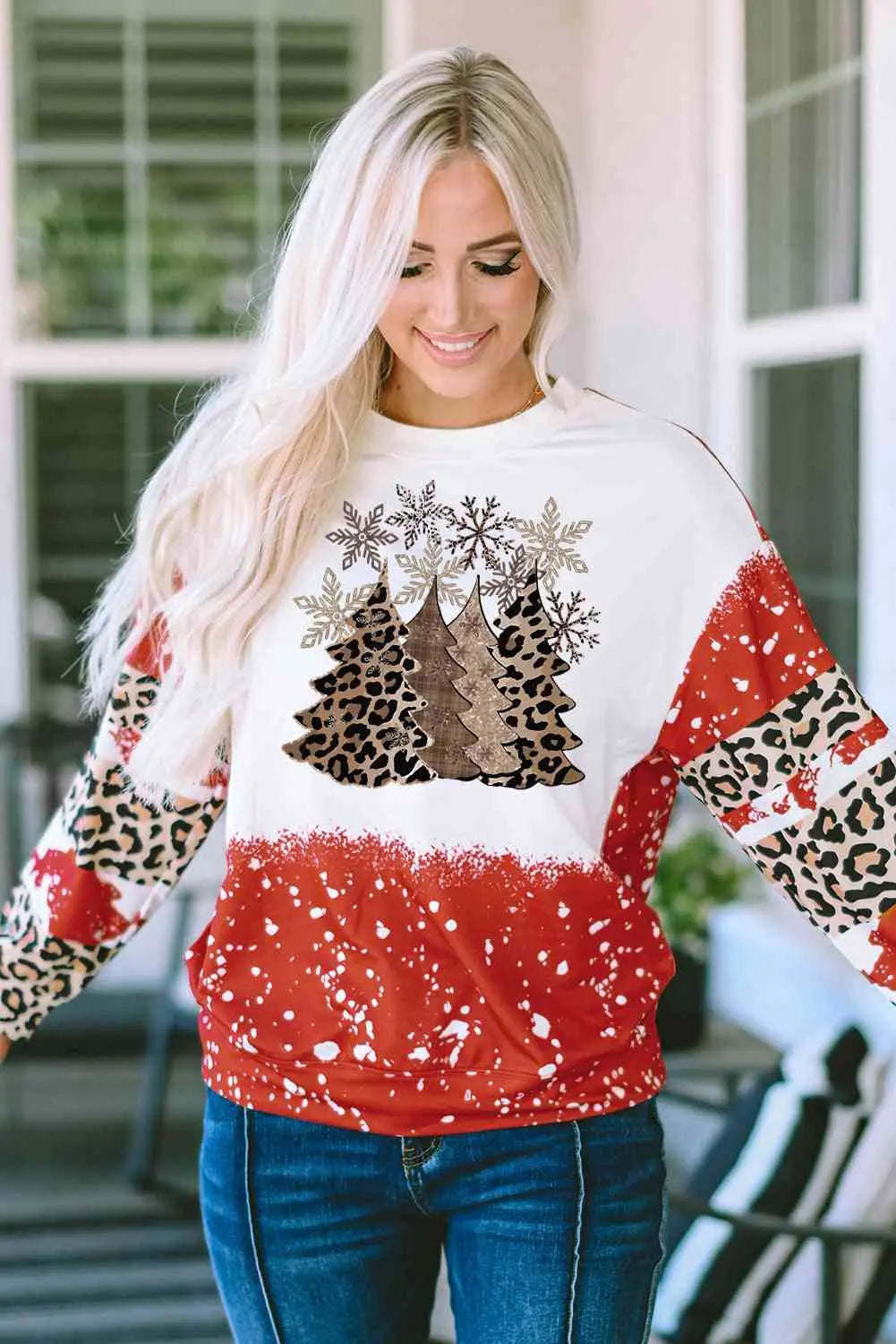 Christma Tree Graphic Leopard Round Neck Sweatshirt BLUE ZONE PLANET