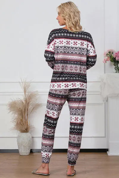 Christmas Printed V-Neck Top and Pants Lounge Set Trendsi