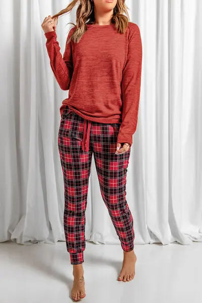 Christmas Round Neck Top and Drawstring Plaid Pants Lounge Set Trendsi