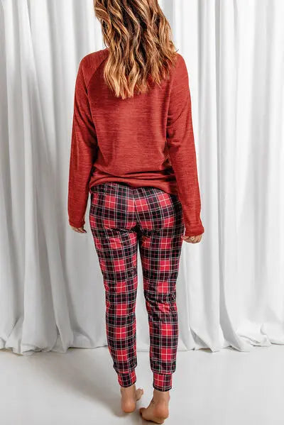 Christmas Round Neck Top and Drawstring Plaid Pants Lounge Set Trendsi