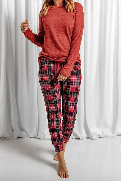 Christmas Round Neck Top and Drawstring Plaid Pants Lounge Set Trendsi