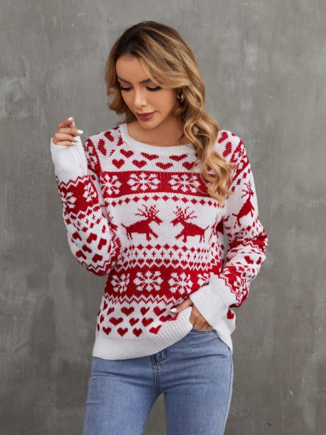 Christmas Festive Cheer Round Neck Sweater BLUE ZONE PLANET