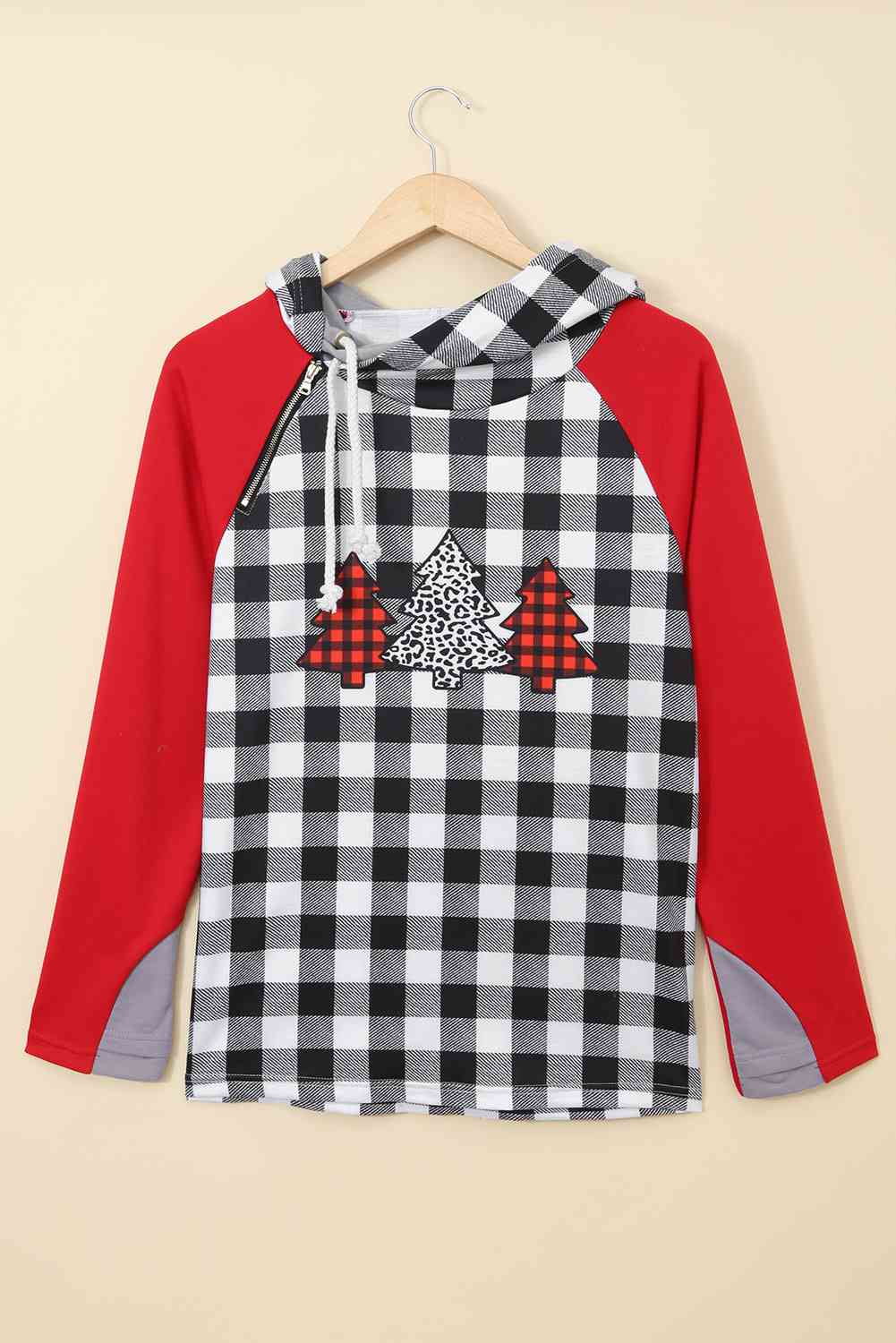 Christmas Tree Graphic Plaid Raglan Sleeve Hoodie BLUE ZONE PLANET