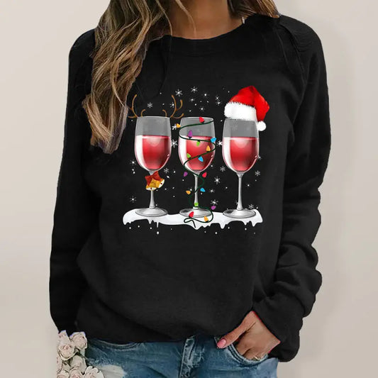 Christmas red wine cup printed long sleeved round neck hoodless sweater women kakaclo