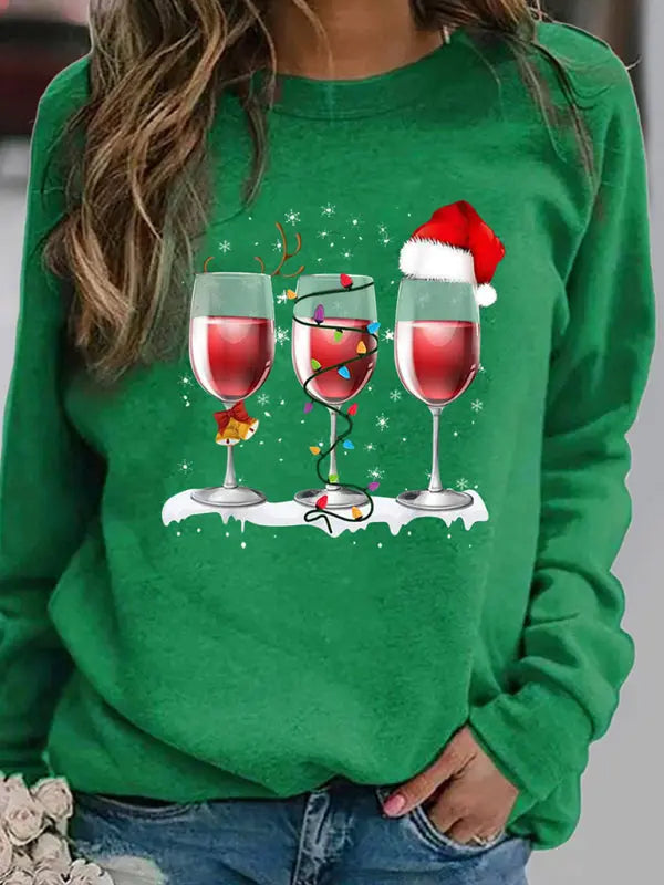 Christmas red wine cup printed long sleeved round neck hoodless sweater women kakaclo