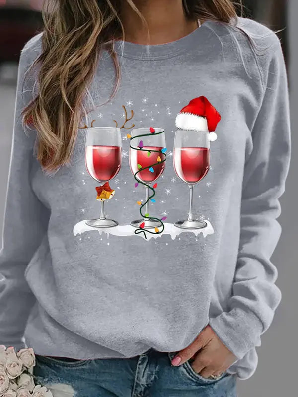 Christmas red wine cup printed long sleeved round neck hoodless sweater women kakaclo