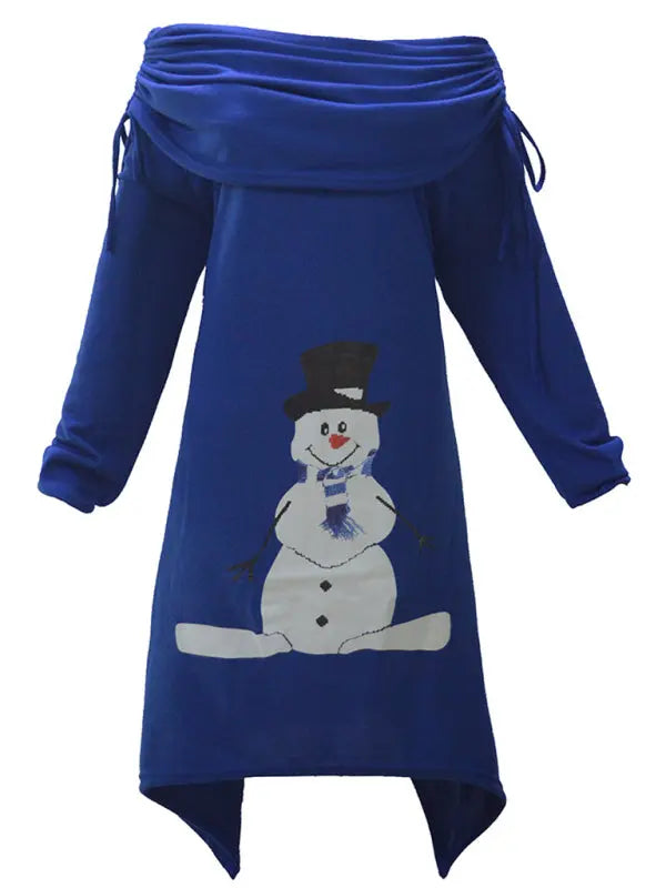 Christmas women's snowman print pleated collar irregular drawstring dress kakaclo