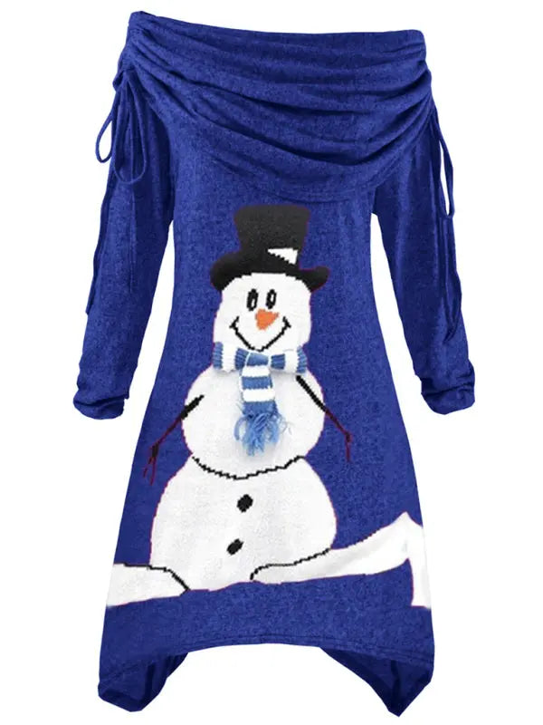 Blue Zone Planet | Christmas women's snowman print pleated collar irregular drawstring dress - Royal blue / S Blue Zone Planet | Christmas women's snowman print pleated collar irregular drawstring dress - Royal blue / S