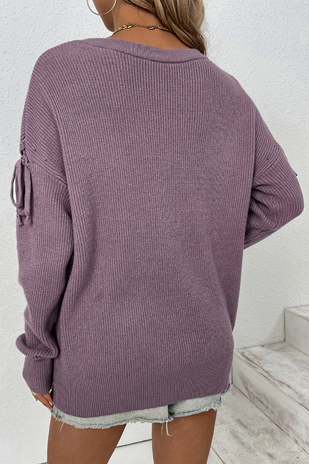 Classy Round Neck Dropped Shoulder Sweater BLUE ZONE PLANET