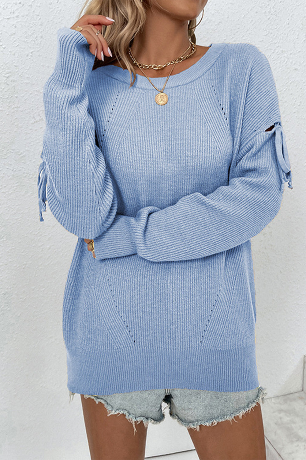 Classy Round Neck Dropped Shoulder Sweater BLUE ZONE PLANET