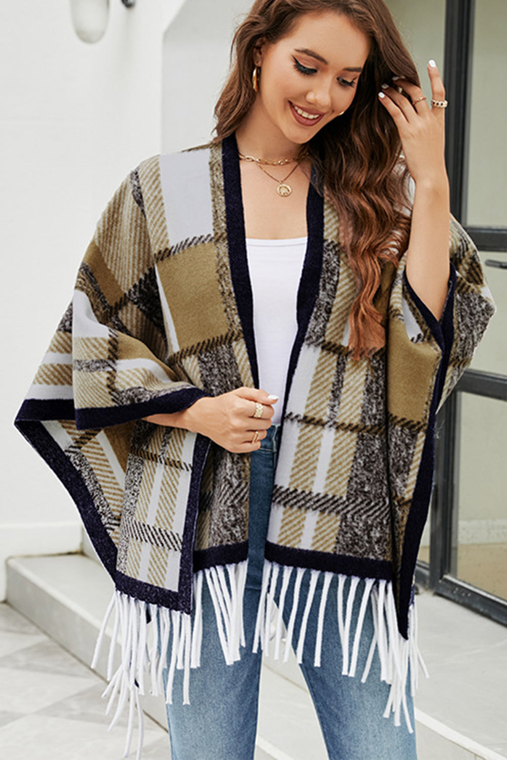 Cloak Sleeve Fringe Detail Poncho BLUE ZONE PLANET