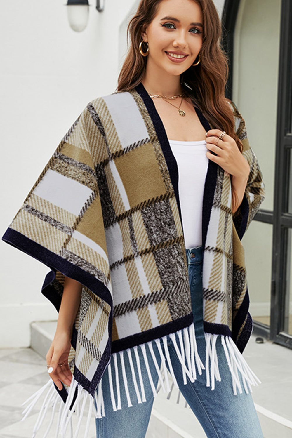 Cloak Sleeve Fringe Detail Poncho BLUE ZONE PLANET