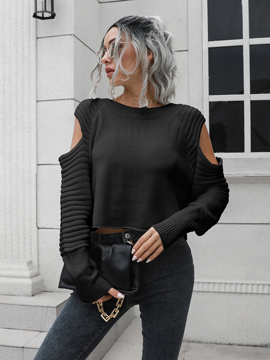 Cold-Shoulder Ribbed Trim Sweater BLUE ZONE PLANET