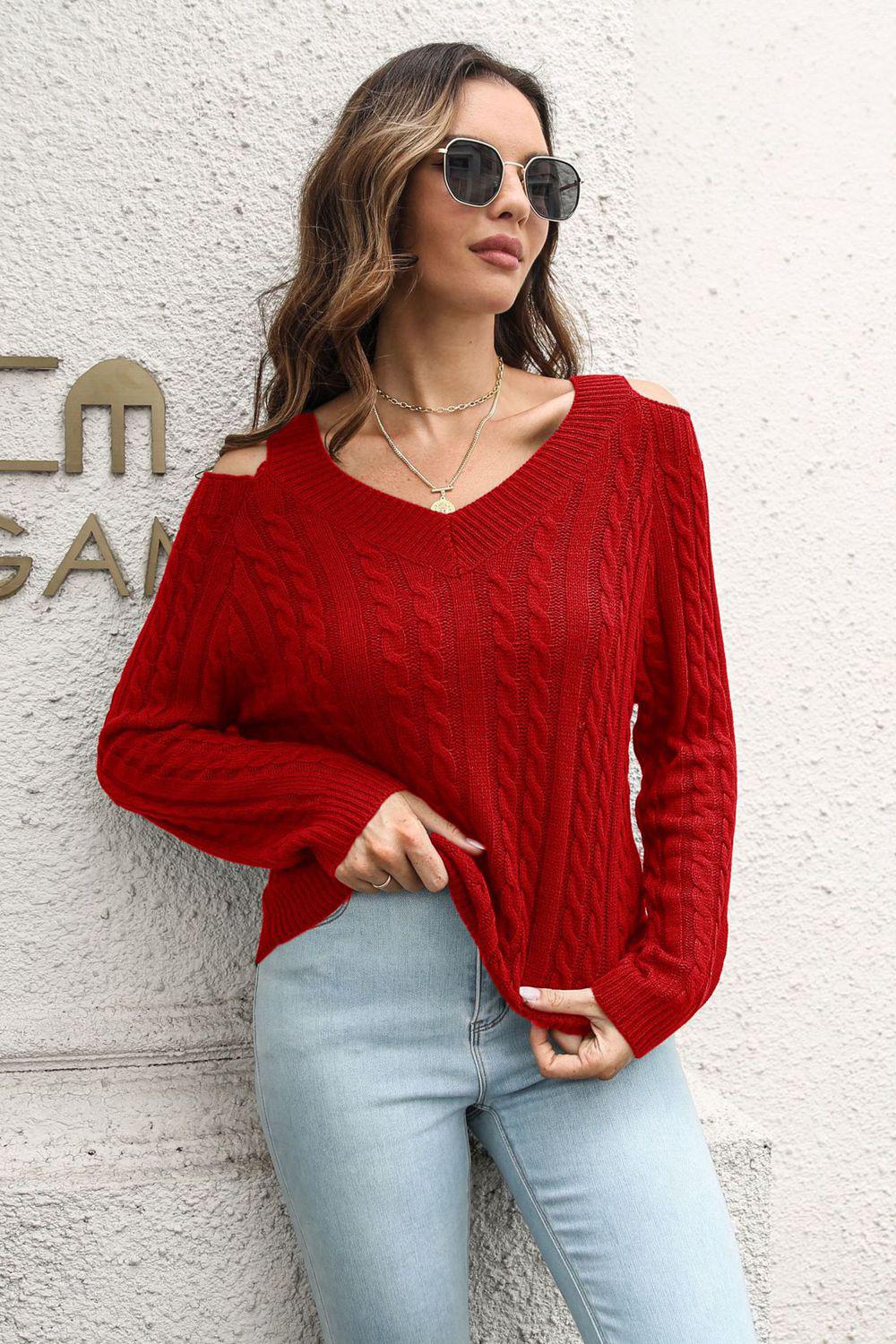 Cold Shoulder V-Neck Cable-Knit Pullover Sweater BLUE ZONE PLANET