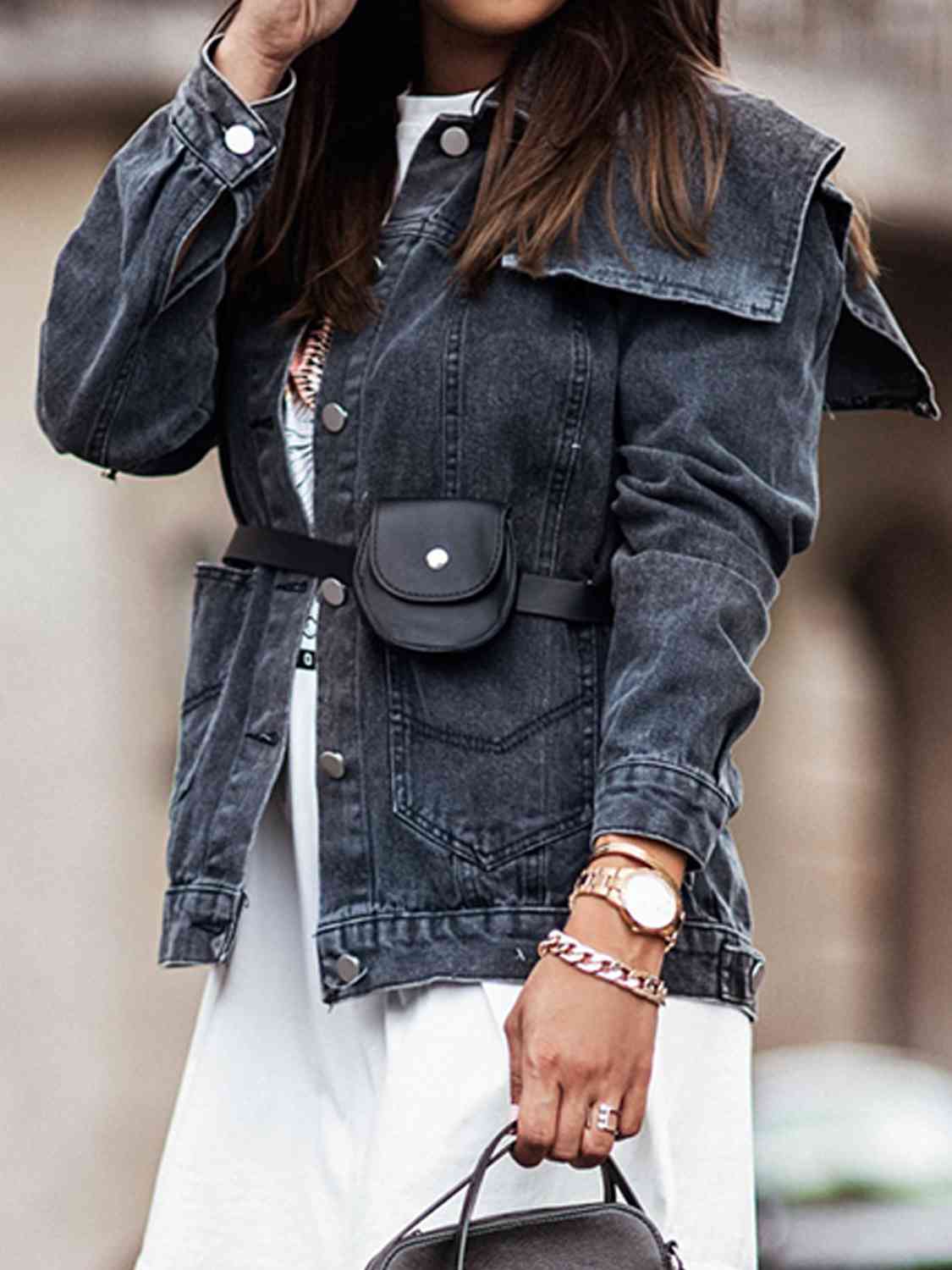 Collared Neck Button Down Denim Jacket BLUE ZONE PLANET