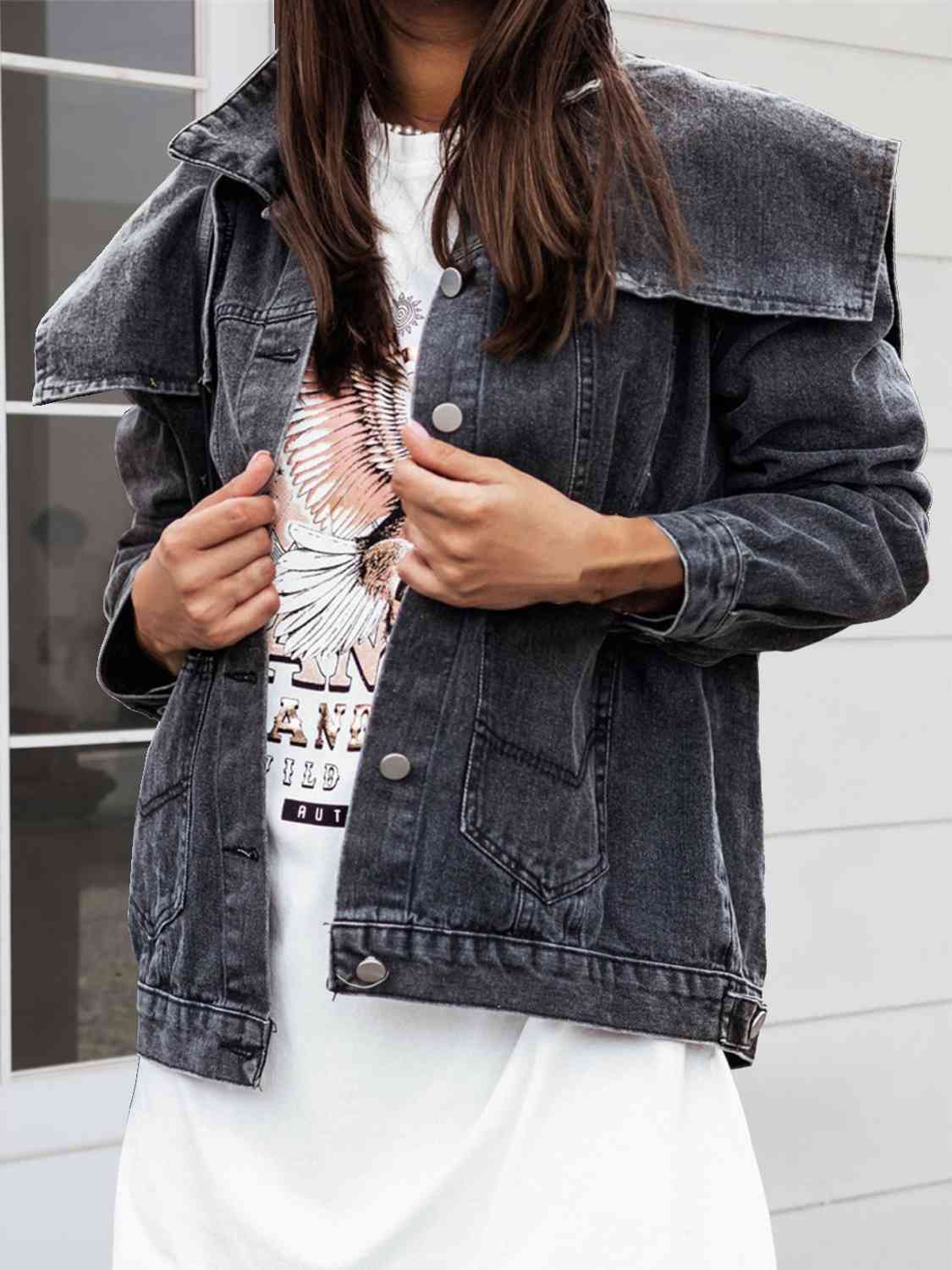 Collared Neck Button Down Denim Jacket BLUE ZONE PLANET