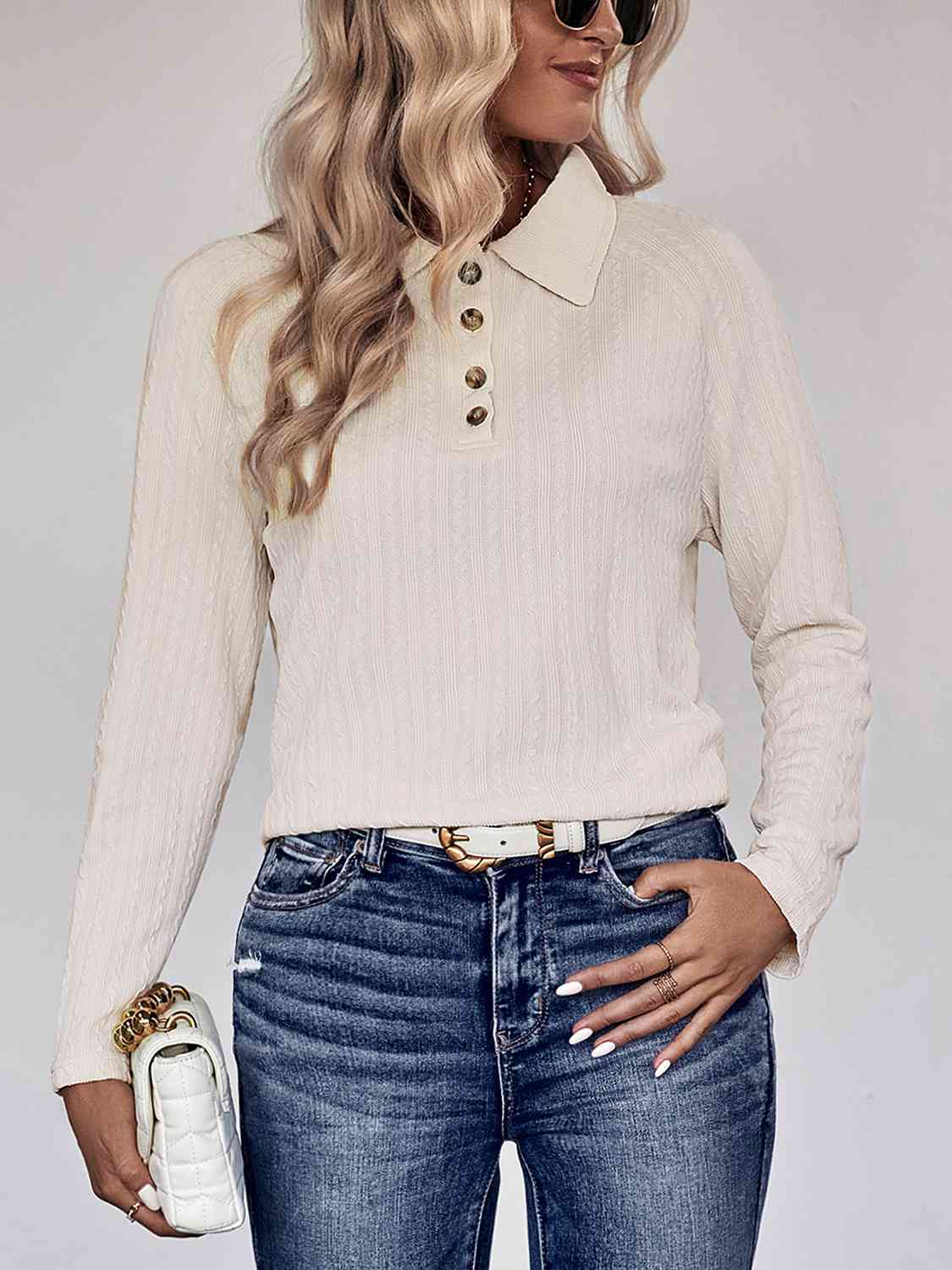 Collared Neck Buttoned Long Sleeve Top BLUE ZONE PLANET