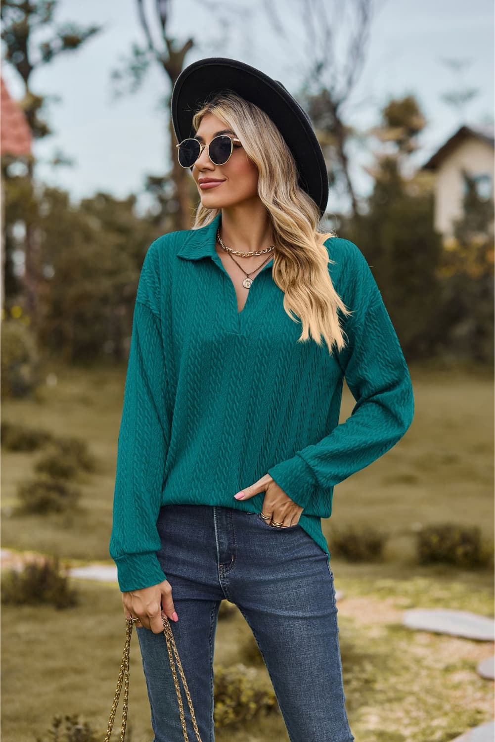 Collared Neck Cable-Knit Long Sleeve Blouse BLUE ZONE PLANET