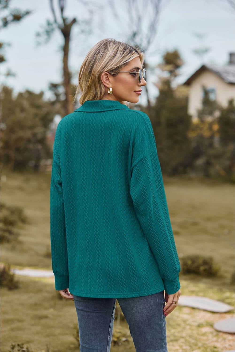 Collared Neck Cable-Knit Long Sleeve Blouse BLUE ZONE PLANET