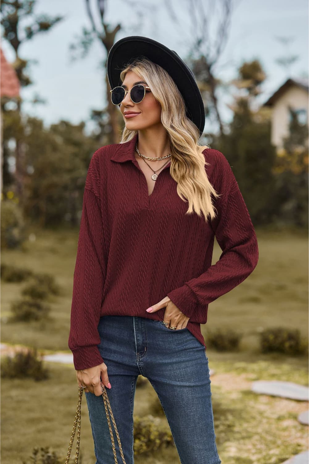 Collared Neck Cable-Knit Long Sleeve Blouse BLUE ZONE PLANET