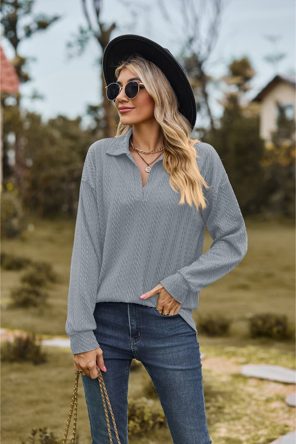 Collared Neck Cable-Knit Long Sleeve Blouse BLUE ZONE PLANET