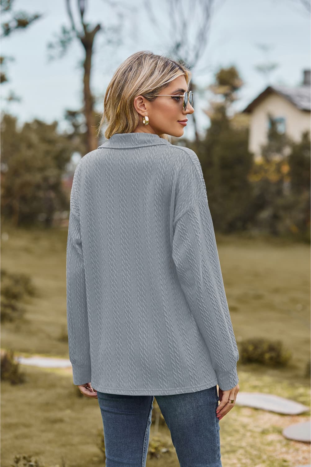 Collared Neck Cable-Knit Long Sleeve Blouse BLUE ZONE PLANET