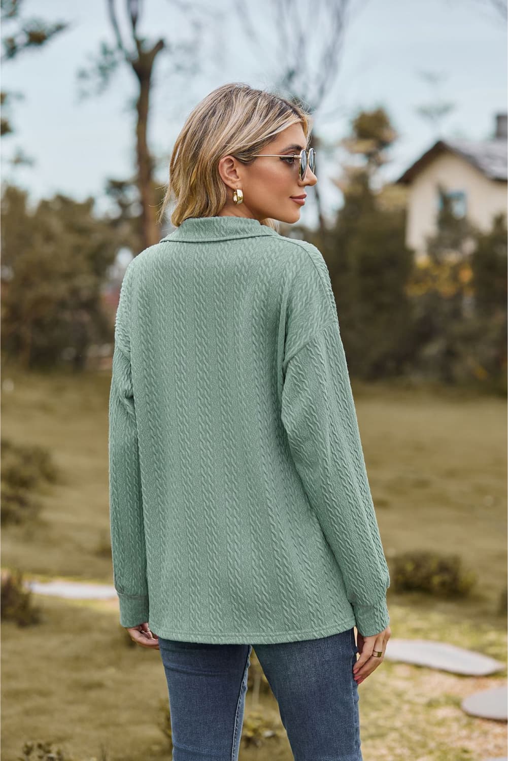 Collared Neck Cable-Knit Long Sleeve Blouse BLUE ZONE PLANET