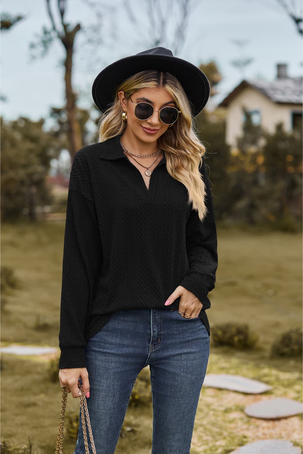 Collared Neck Cable-Knit Long Sleeve Blouse BLUE ZONE PLANET