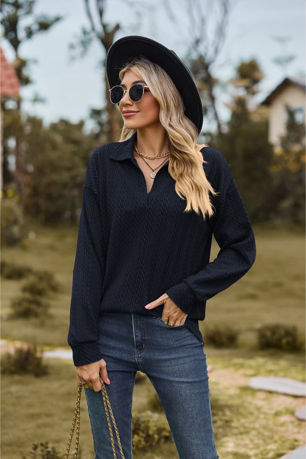 Collared Neck Cable-Knit Long Sleeve Blouse BLUE ZONE PLANET