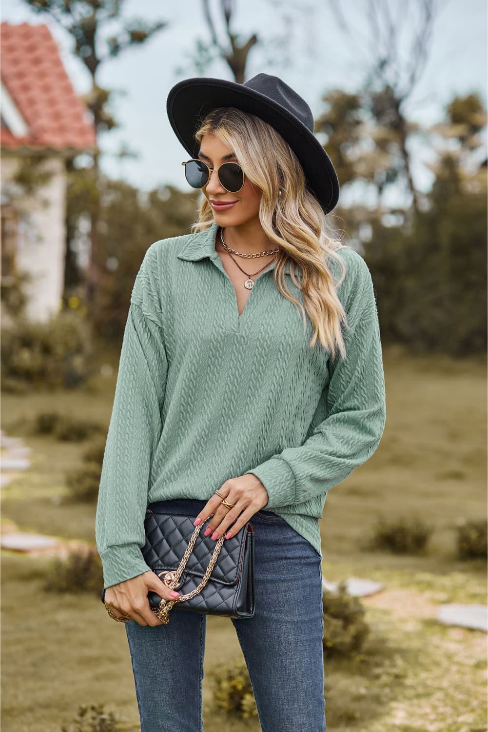 Collared Neck Cable-Knit Long Sleeve Blouse BLUE ZONE PLANET