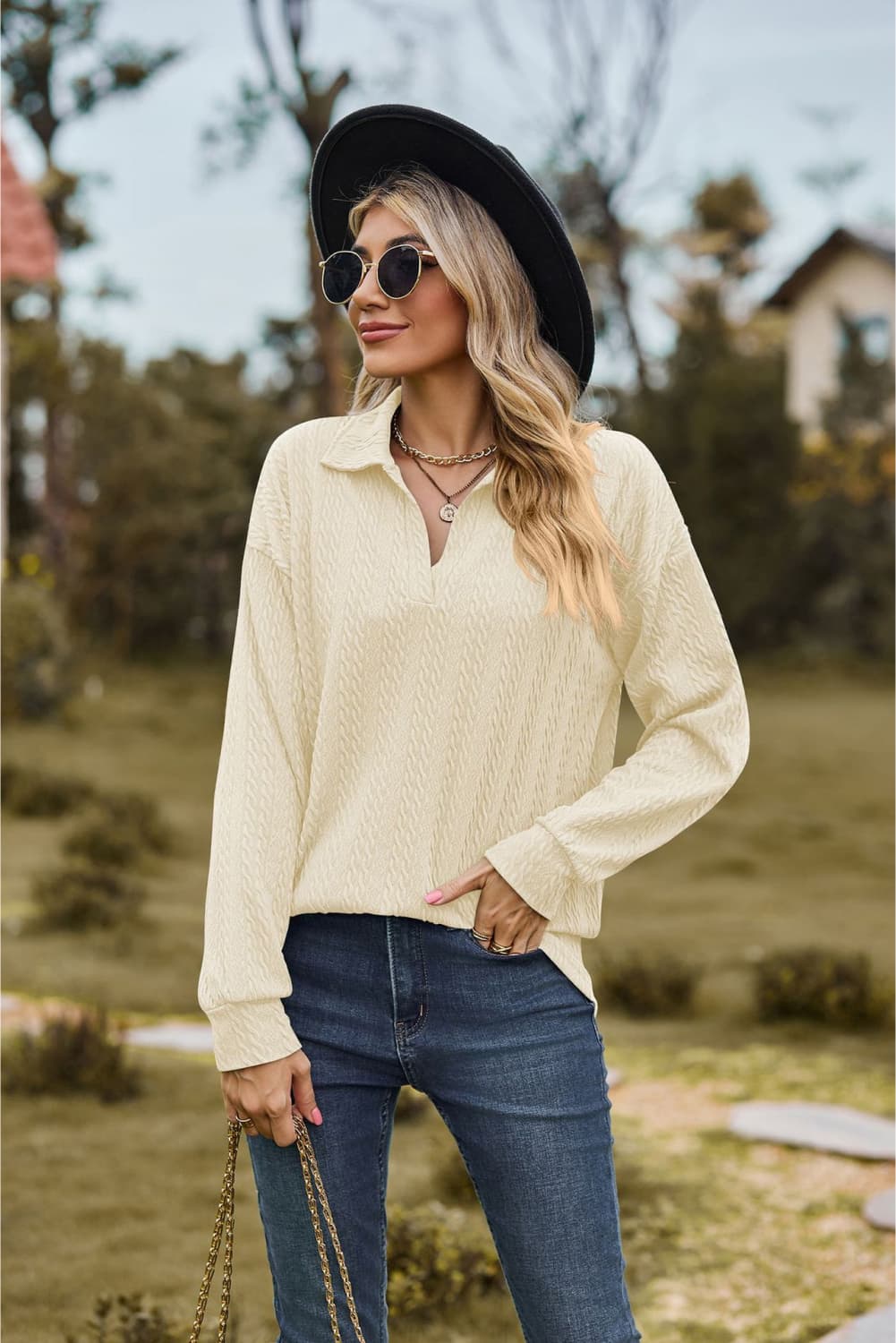 Collared Neck Cable-Knit Long Sleeve Blouse BLUE ZONE PLANET