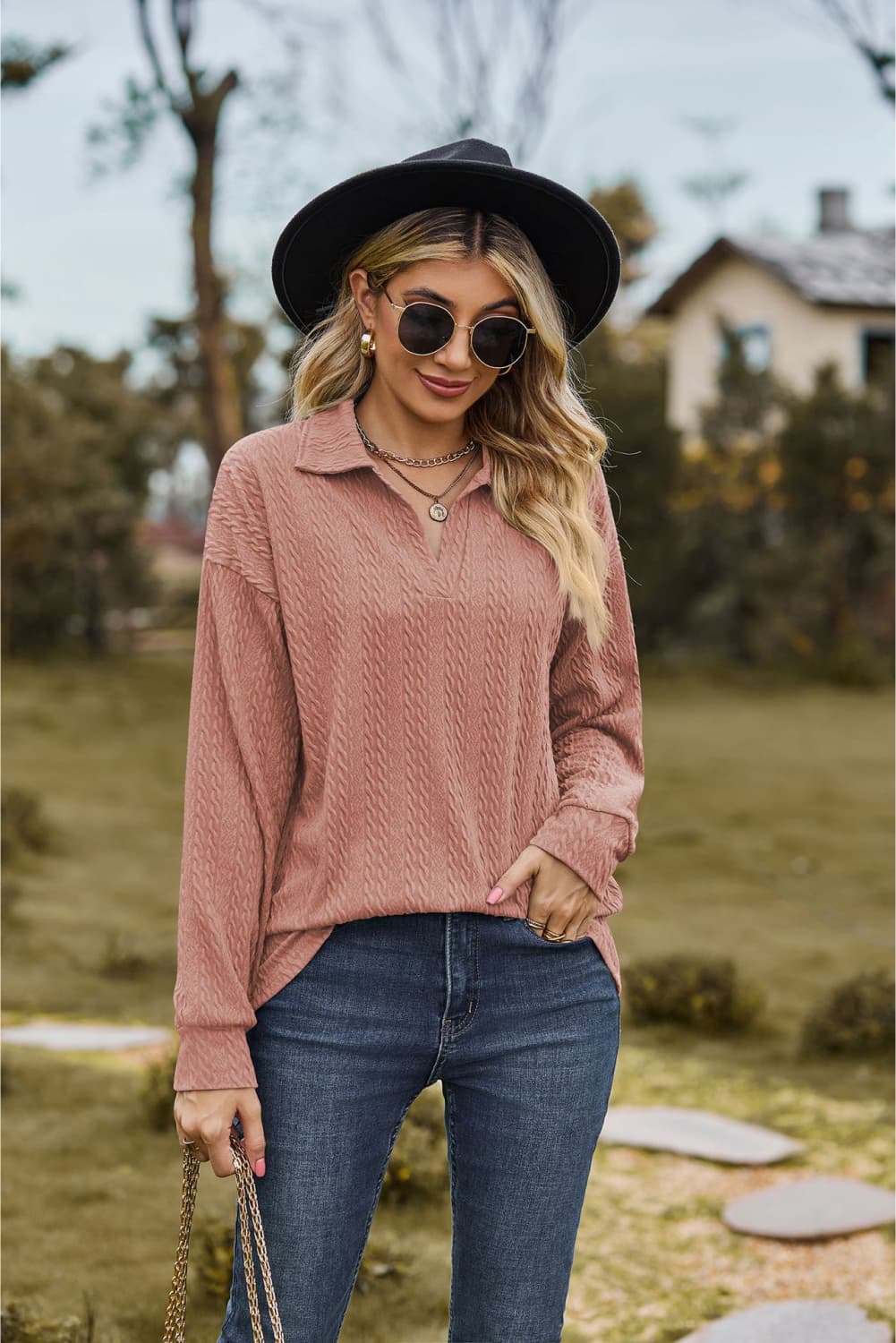 Collared Neck Cable-Knit Long Sleeve Blouse BLUE ZONE PLANET