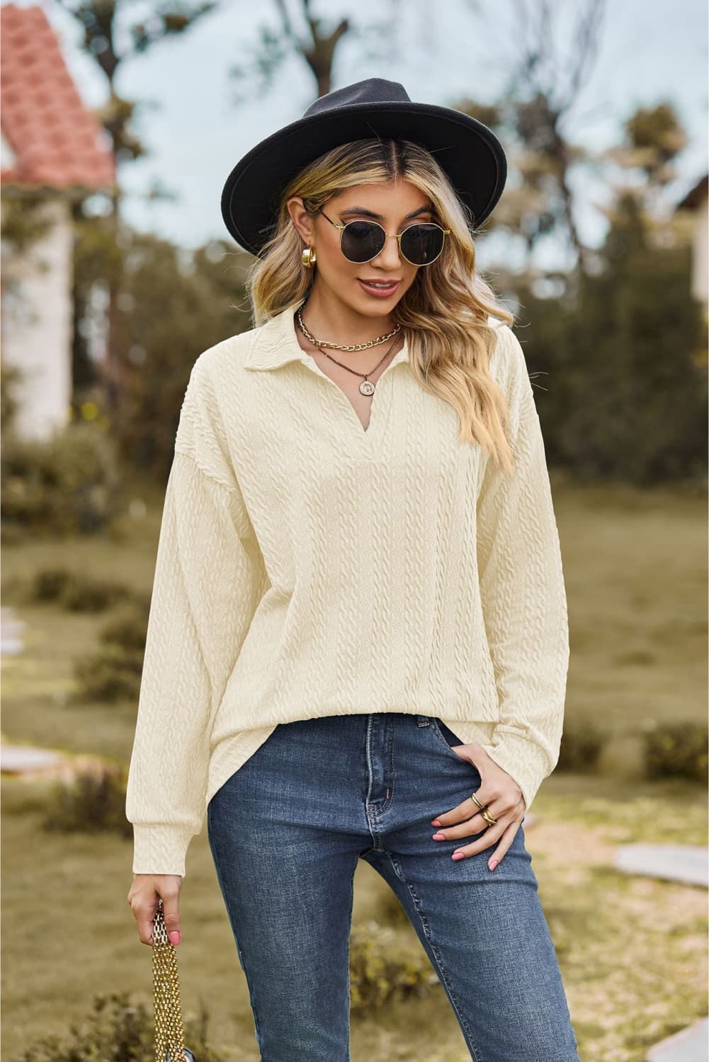 Collared Neck Cable-Knit Long Sleeve Blouse BLUE ZONE PLANET