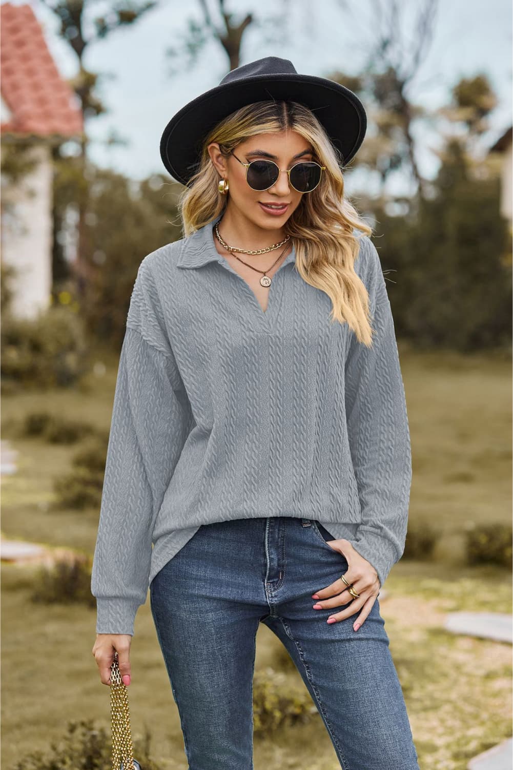 Collared Neck Cable-Knit Long Sleeve Blouse BLUE ZONE PLANET