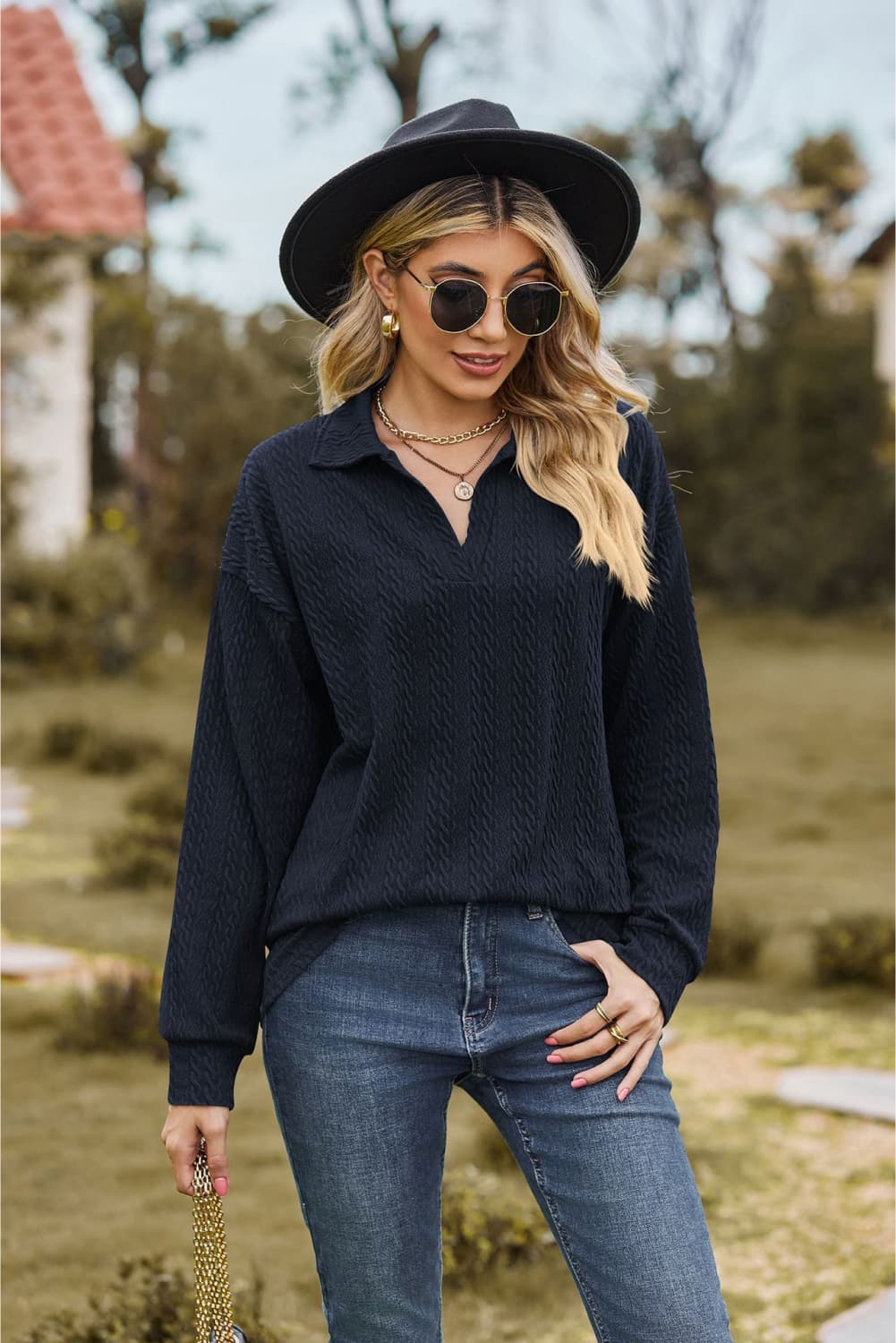 Collared Neck Cable-Knit Long Sleeve Blouse BLUE ZONE PLANET