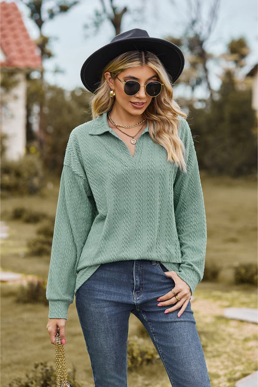 Collared Neck Cable-Knit Long Sleeve Blouse BLUE ZONE PLANET