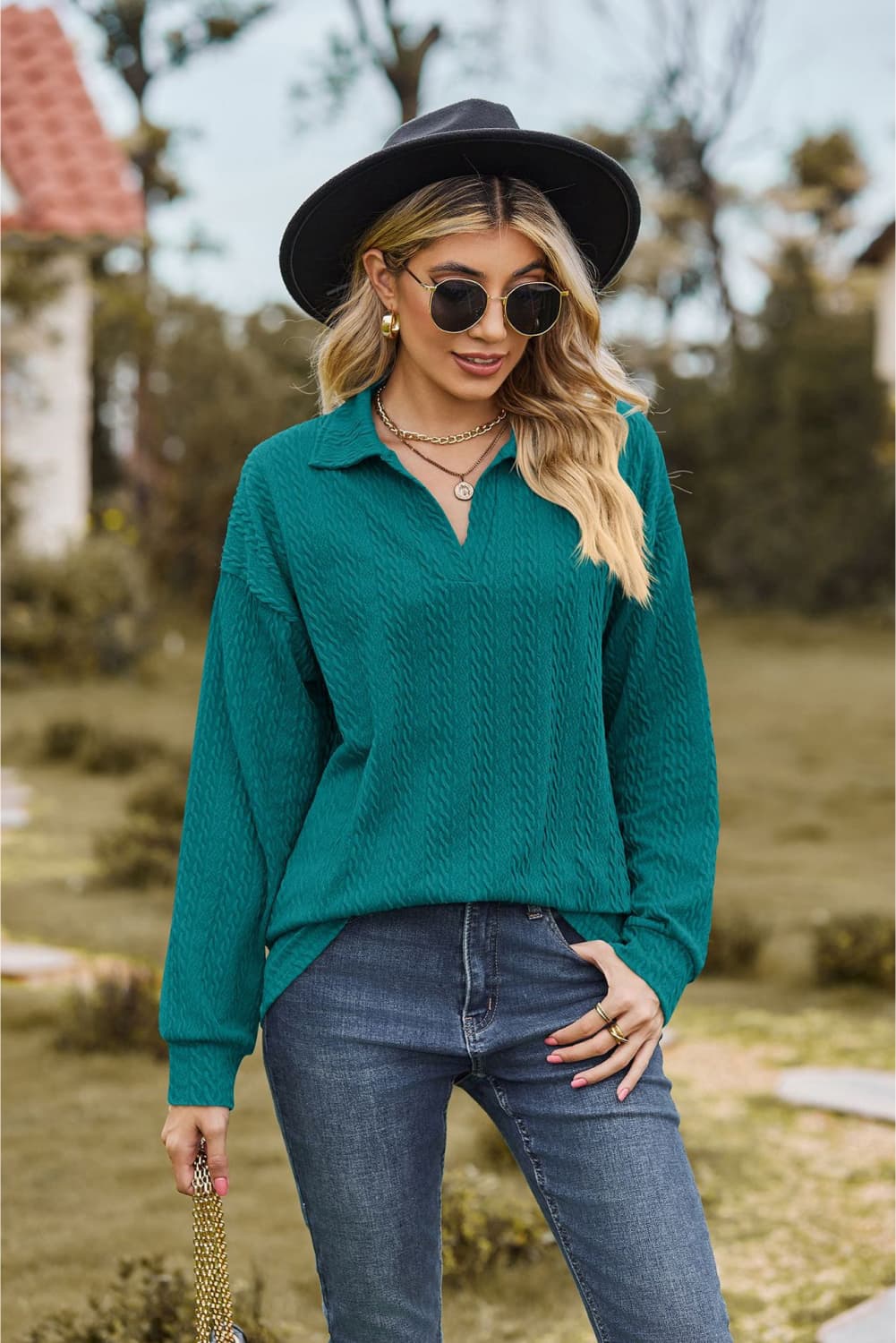 Collared Neck Cable-Knit Long Sleeve Blouse BLUE ZONE PLANET