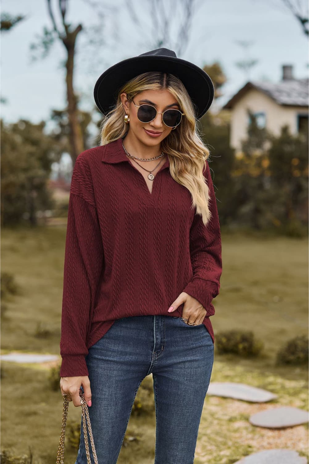 Collared Neck Cable-Knit Long Sleeve Blouse BLUE ZONE PLANET