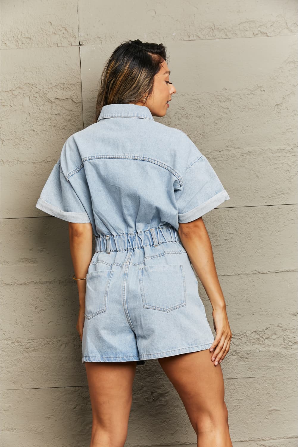 Collared Neck Denim Romper with Pockets BLUE ZONE PLANET