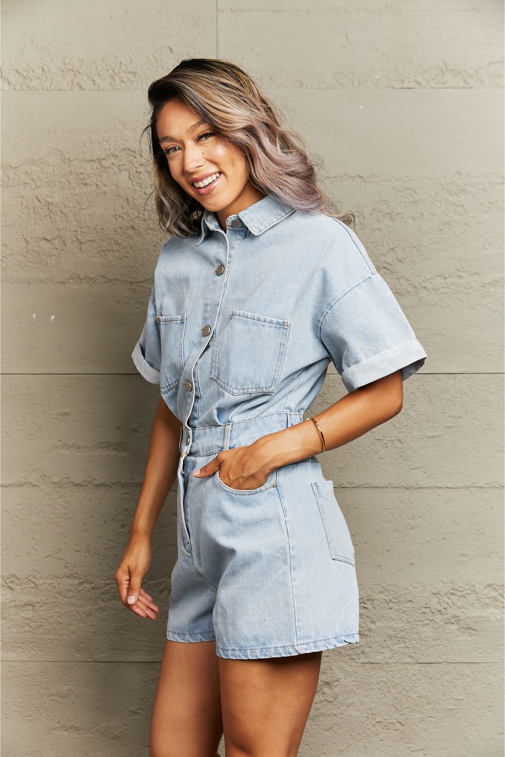 Collared Neck Denim Romper with Pockets BLUE ZONE PLANET