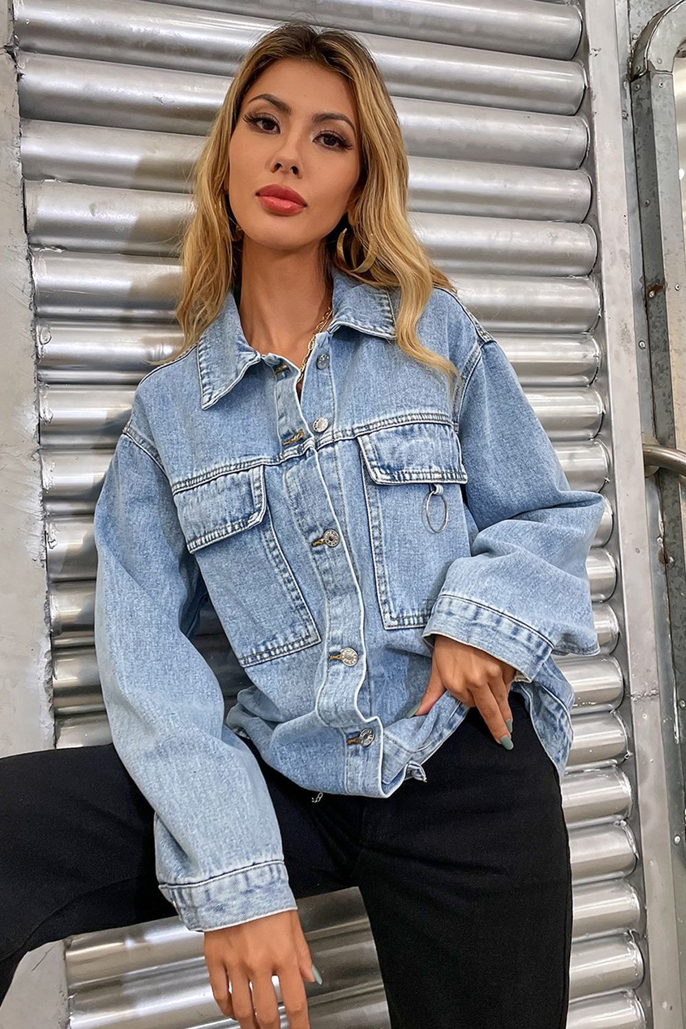 Collared Neck Dropped Shoulder Denim Jacket BLUE ZONE PLANET
