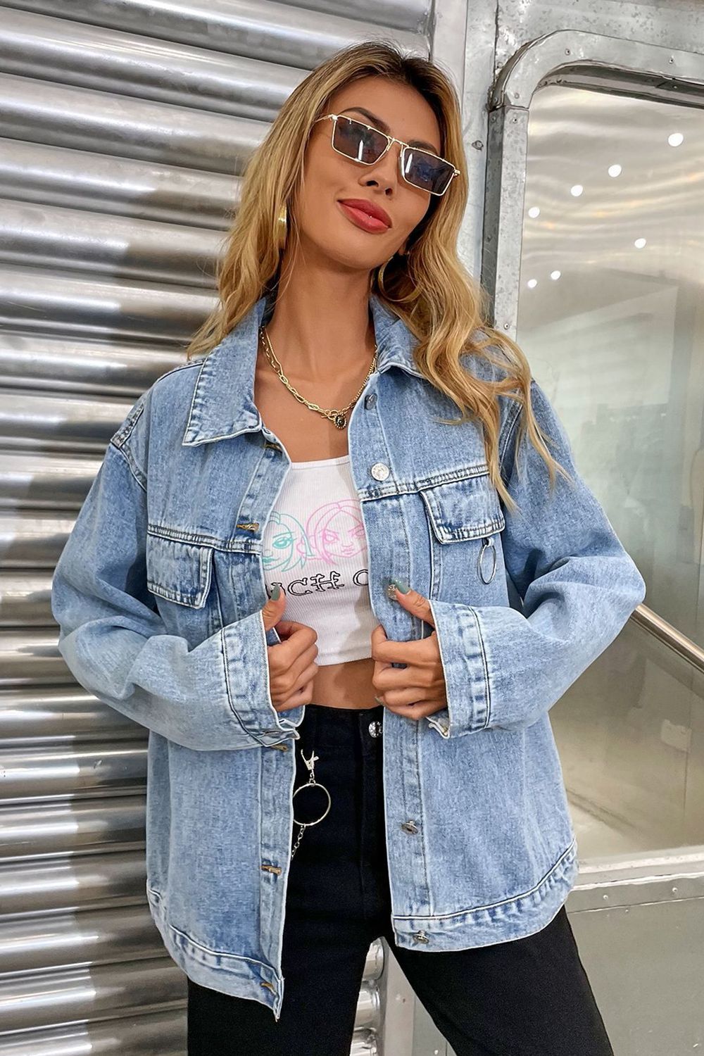 Collared Neck Dropped Shoulder Denim Jacket BLUE ZONE PLANET