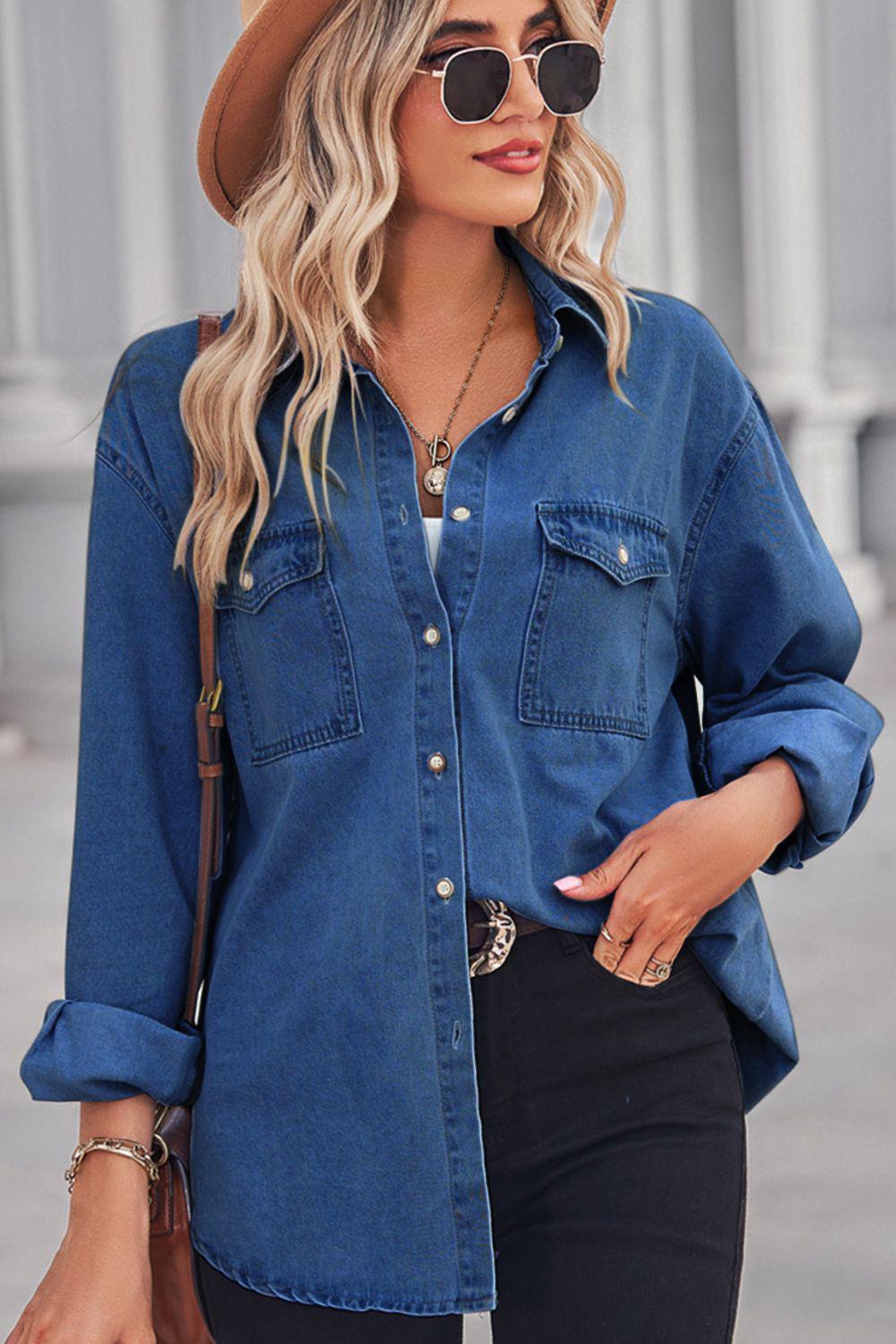 Collared Neck Dropped Shoulder Denim Top BLUE ZONE PLANET