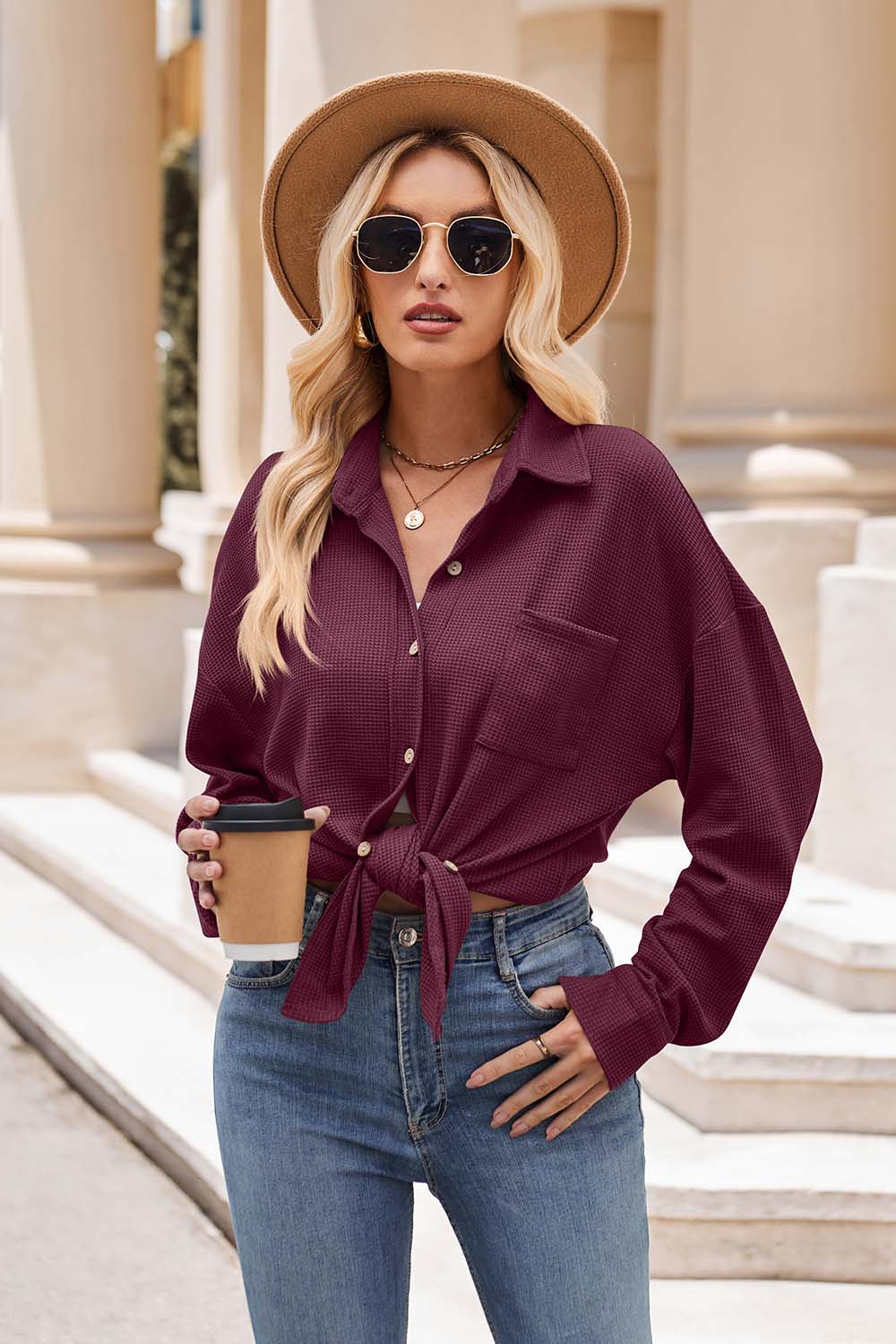 Button Up Drop Shoulder Blouse  Maroon top outfit, Blouse outfit casual, Shirt  outfit women