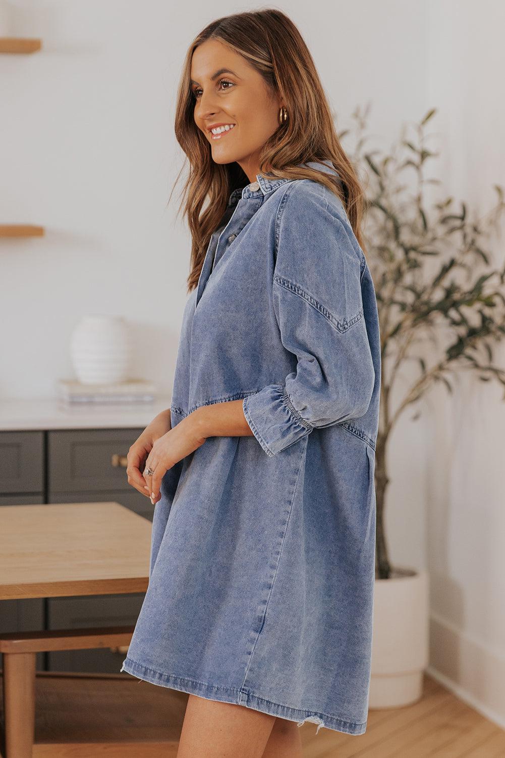 Collared Neck Flounce Sleeve Denim Mini Dress BLUE ZONE PLANET